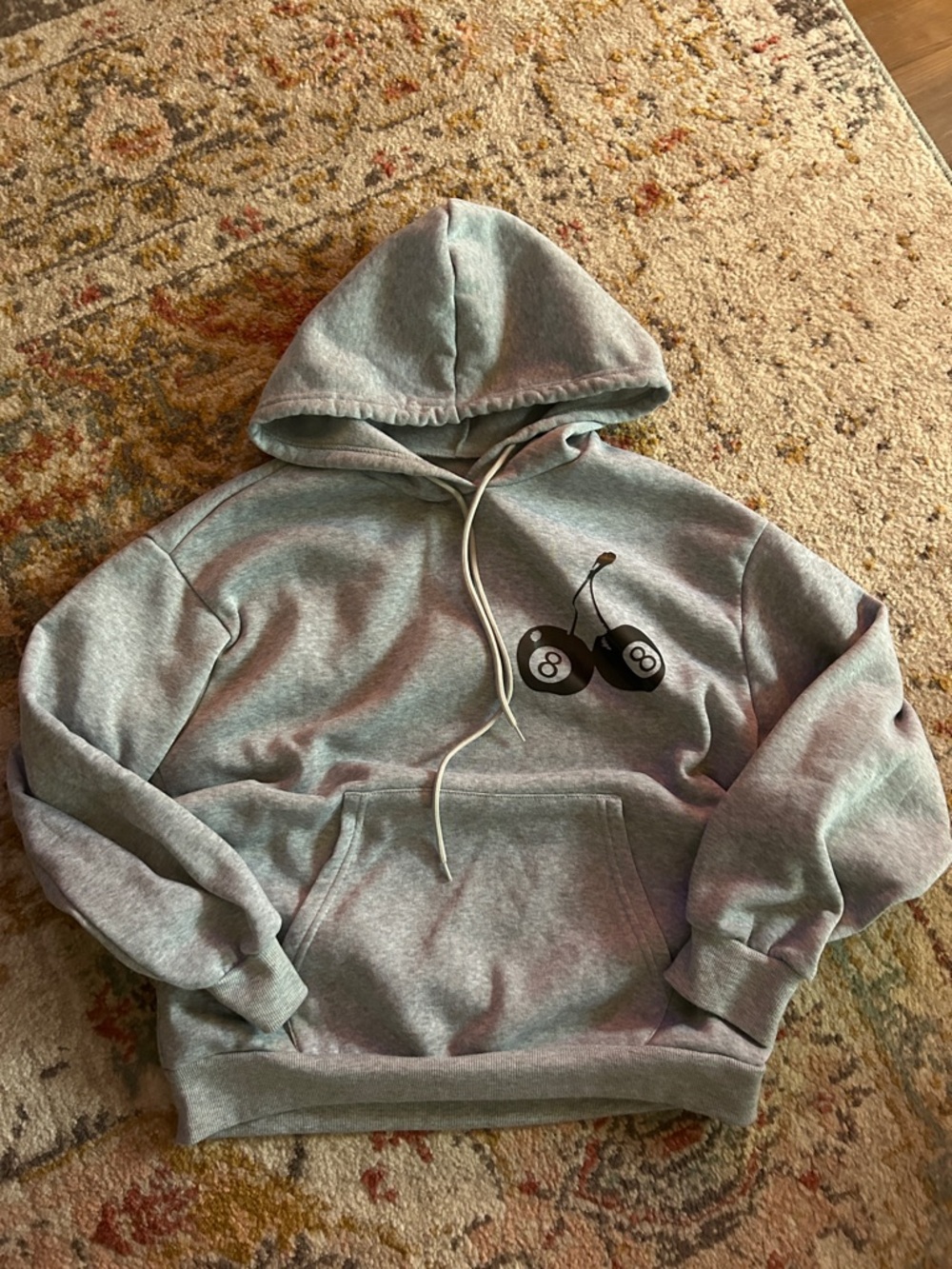 SHEIN Gray Hooded Sweatshirt with Black 8-Ball Cherry Graphic